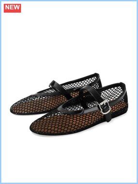 Women's Mesh Ballet Flats Fishnet Mary Jane Buckle Strap Round Toe Comfortable